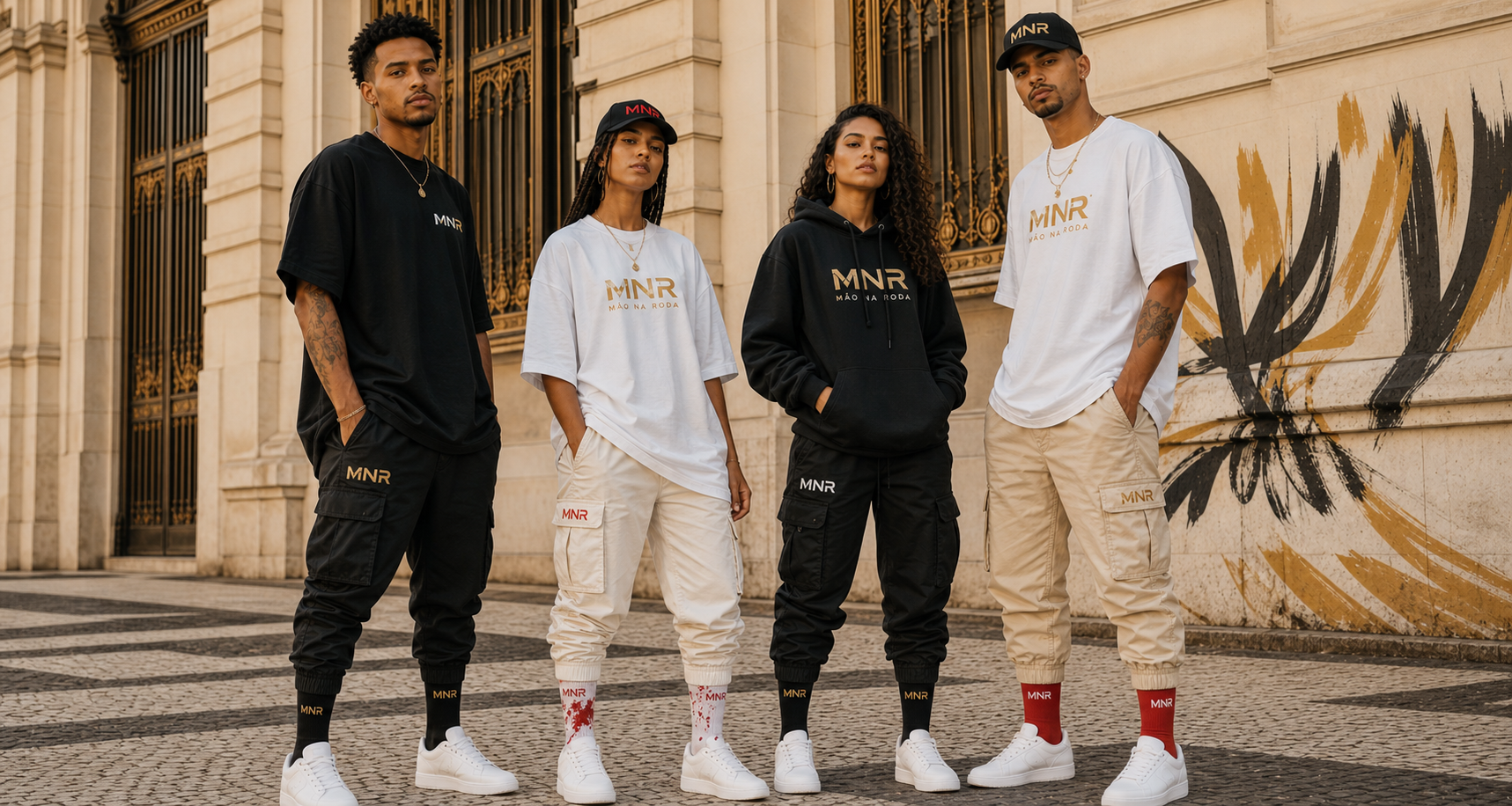 Pessoas usando peças MNR Streetwear em ambiente urbano sofisticado